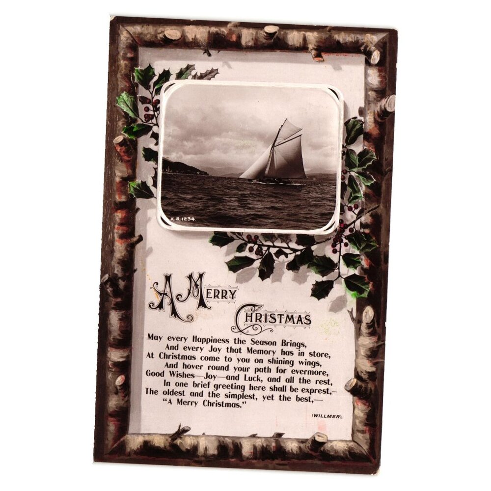 Antique Rotary Photographic Merry Christmas Postcard Birch Border Sailing Scene